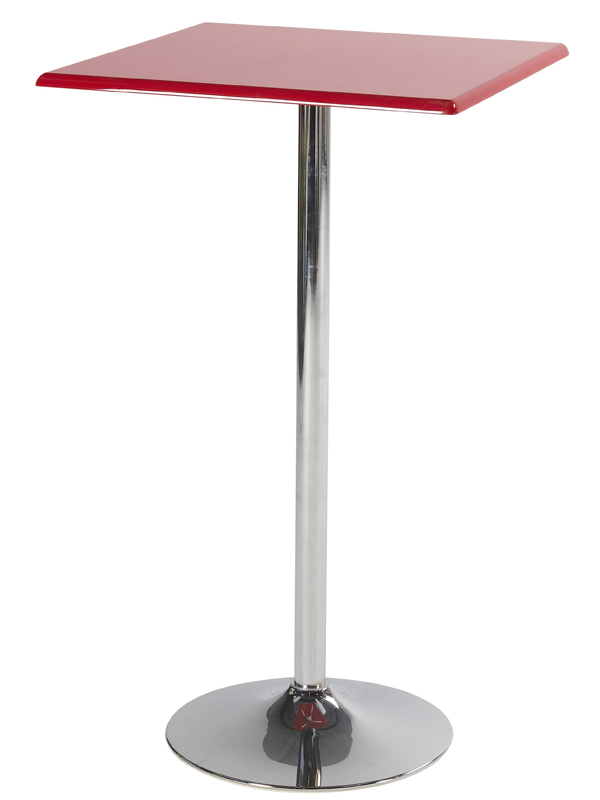 Červený barový stůl s chromovanou podnoží